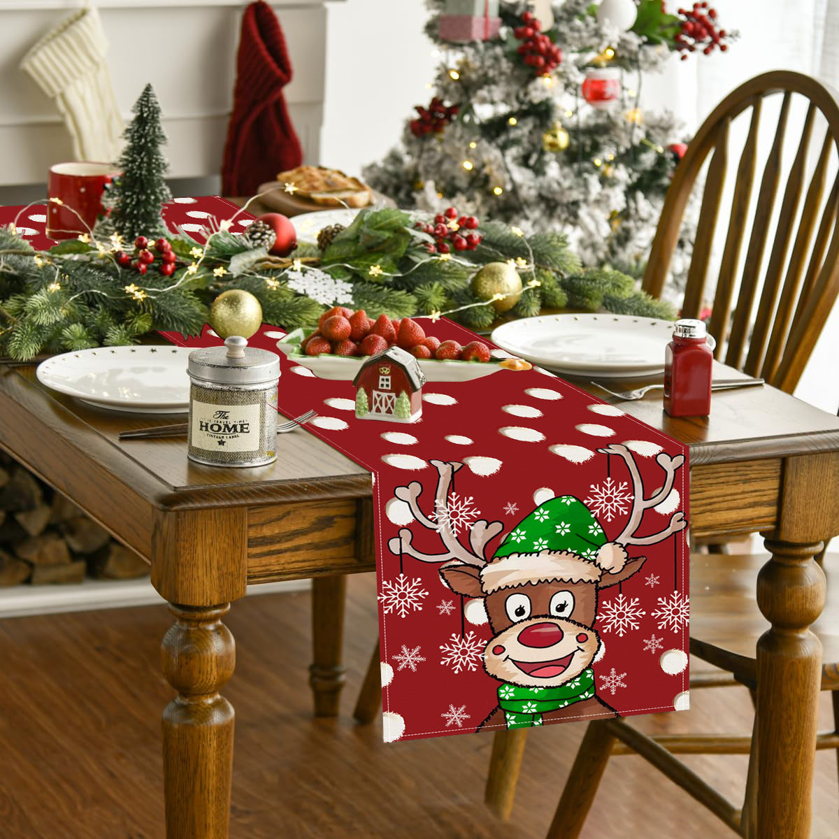 Wholesale Christmas Cartoon Elk Snowflakes Polka Dot Linen Decorative Tablecloth